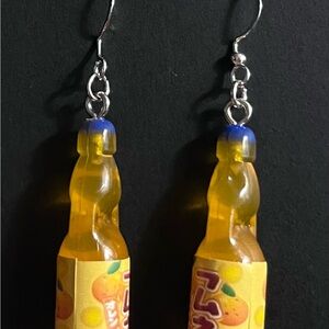 Orange Ramune Bottle Dangle Earrings with Blue Tops